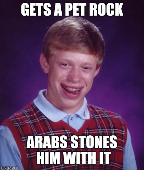 Bad Luck Brian Meme | GETS A PET ROCK ARABS STONES HIM WITH IT | image tagged in memes,bad luck brian | made w/ Imgflip meme maker