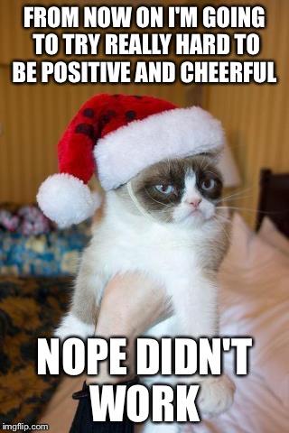 Gonna Try Real Hard  | FROM NOW ON I'M GOING TO TRY REALLY HARD TO BE POSITIVE AND CHEERFUL NOPE DIDN'T WORK | image tagged in memes,grumpy cat christmas,grumpy cat | made w/ Imgflip meme maker