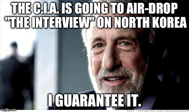 I Guarantee It Meme | THE C.I.A. IS GOING TO AIR-DROP "THE INTERVIEW" ON NORTH KOREA I GUARANTEE IT. | image tagged in memes,i guarantee it,MURICA | made w/ Imgflip meme maker