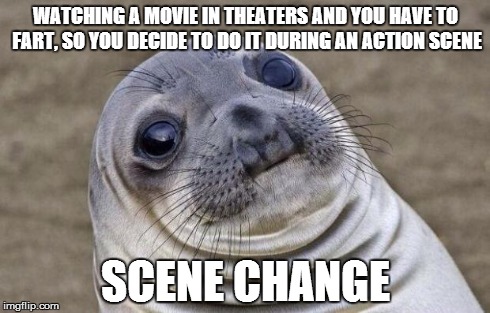Awkward Moment Sealion | WATCHING A MOVIE IN THEATERS AND YOU HAVE TO FART, SO YOU DECIDE TO DO IT DURING AN ACTION SCENE SCENE CHANGE | image tagged in memes,awkward moment sealion | made w/ Imgflip meme maker