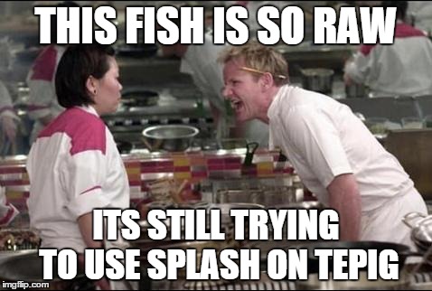 Angry Chef Gordon Ramsay | THIS FISH IS SO RAW ITS STILL TRYING TO USE SPLASH ON TEPIG | image tagged in memes,angry chef gordon ramsay | made w/ Imgflip meme maker