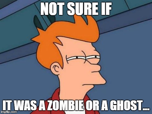 NOT SURE IF IT WAS A ZOMBIE OR A GHOST... | image tagged in memes,futurama fry | made w/ Imgflip meme maker