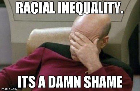 Captain Picard Facepalm Meme | RACIAL INEQUALITY. ITS A DAMN SHAME | image tagged in memes,captain picard facepalm | made w/ Imgflip meme maker