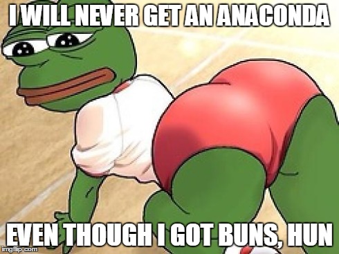 I WILL NEVER GET AN ANACONDA EVEN THOUGH I GOT BUNS, HUN | image tagged in pepe got buns | made w/ Imgflip meme maker