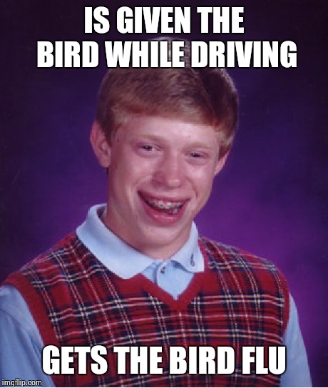 Bad Luck Brian | IS GIVEN THE BIRD WHILE DRIVING GETS THE BIRD FLU | image tagged in memes,bad luck brian | made w/ Imgflip meme maker