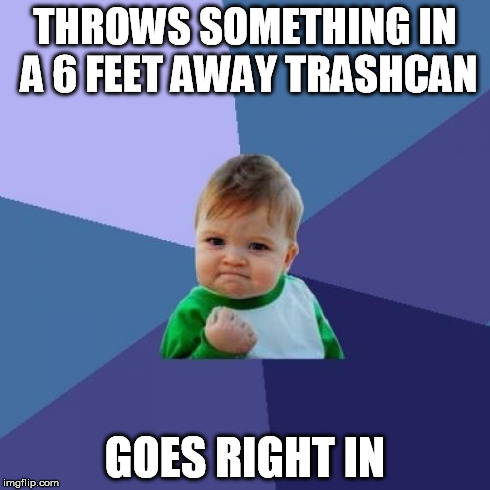 Success Kid Meme | THROWS SOMETHING IN A 6 FEET AWAY TRASHCAN GOES RIGHT IN | image tagged in memes,success kid | made w/ Imgflip meme maker