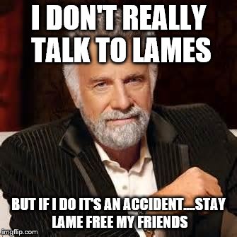 Dos Equis Guy Awesome | I DON'T REALLY TALK TO LAMES BUT IF I DO IT'S AN ACCIDENT....STAY LAME FREE MY FRIENDS | image tagged in dos equis guy awesome | made w/ Imgflip meme maker