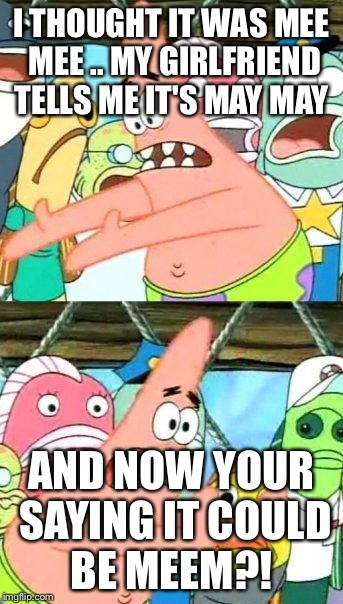 Put It Somewhere Else Patrick Meme | I THOUGHT IT WAS MEE MEE .. MY GIRLFRIEND TELLS ME IT'S MAY MAY AND NOW YOUR SAYING IT COULD BE MEEM?! | image tagged in memes,put it somewhere else patrick | made w/ Imgflip meme maker