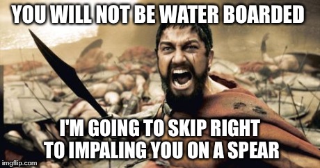 Sparta Leonidas | YOU WILL NOT BE WATER BOARDED I'M GOING TO SKIP RIGHT TO IMPALING YOU ON A SPEAR | image tagged in memes,sparta leonidas | made w/ Imgflip meme maker