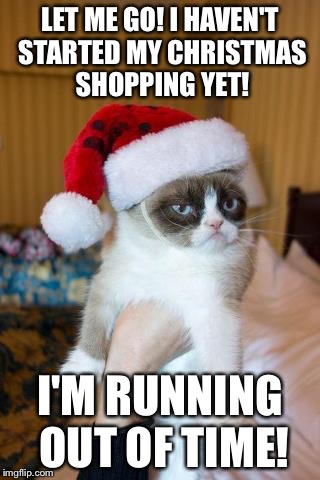 Let Me Go! | LET ME GO! I HAVEN'T STARTED MY CHRISTMAS SHOPPING YET! I'M RUNNING OUT OF TIME! | image tagged in memes,grumpy cat christmas,grumpy cat | made w/ Imgflip meme maker