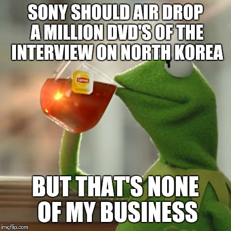 But That's None Of My Business | SONY SHOULD AIR DROP A MILLION DVD'S OF THE INTERVIEW ON NORTH KOREA BUT THAT'S NONE OF MY BUSINESS | image tagged in memes,but thats none of my business,kermit the frog | made w/ Imgflip meme maker