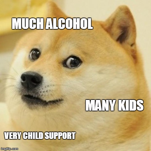 Doge Meme | MUCH ALCOHOL MANY KIDS VERY CHILD SUPPORT | image tagged in memes,doge | made w/ Imgflip meme maker