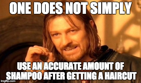 One Does Not Simply Meme | ONE DOES NOT SIMPLY USE AN ACCURATE AMOUNT OF SHAMPOO AFTER GETTING A HAIRCUT | image tagged in memes,one does not simply | made w/ Imgflip meme maker