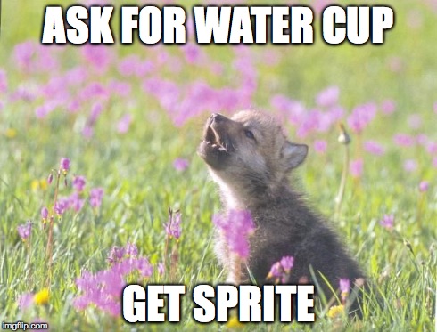 Baby Insanity Wolf Meme | ASK FOR WATER CUP GET SPRITE | image tagged in memes,baby insanity wolf | made w/ Imgflip meme maker