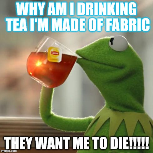 But That's None Of My Business Meme | WHY AM I DRINKING TEA I'M MADE OF FABRIC THEY WANT ME TO DIE!!!!! | image tagged in memes,but thats none of my business,kermit the frog | made w/ Imgflip meme maker