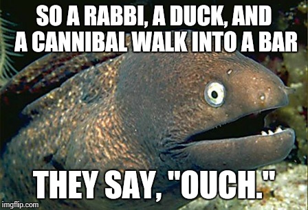 Bar Joke | SO A RABBI, A DUCK, AND A CANNIBAL WALK INTO A BAR THEY SAY, "OUCH." | image tagged in bad joke eel | made w/ Imgflip meme maker