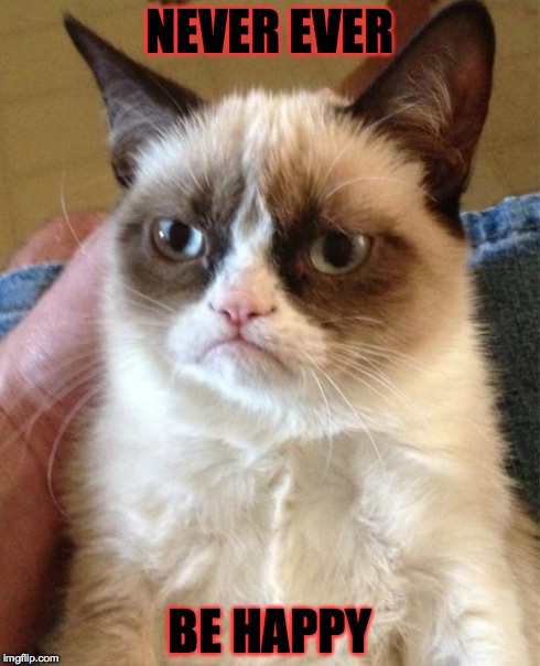 Grumpy Cat Meme | NEVER EVER BE HAPPY | image tagged in memes,grumpy cat | made w/ Imgflip meme maker