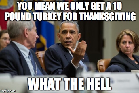 YOU MEAN WE ONLY GET A 10 POUND TURKEY FOR THANKSGIVING WHAT THE HELL | image tagged in obama what the hell | made w/ Imgflip meme maker