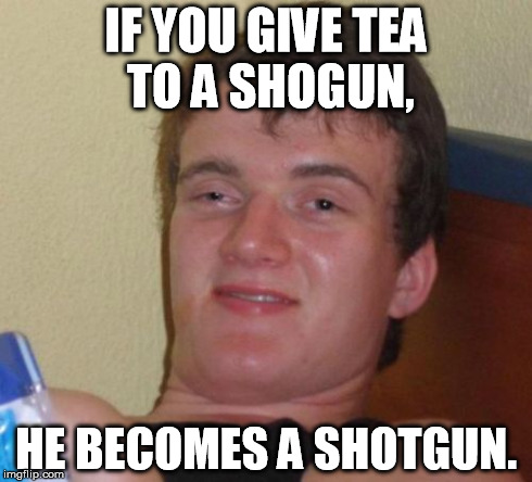 10 Guy Meme | IF YOU GIVE TEA TO A SHOGUN, HE BECOMES A SHOTGUN. | image tagged in memes,10 guy | made w/ Imgflip meme maker
