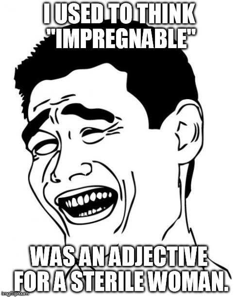 I have since learned that it means "impenetrable". | I USED TO THINK "IMPREGNABLE" WAS AN ADJECTIVE FOR A STERILE WOMAN. | image tagged in memes,yao ming | made w/ Imgflip meme maker