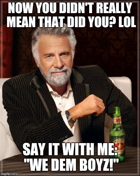The Most Interesting Man In The World Meme | NOW YOU DIDN'T REALLY MEAN THAT DID YOU? LOL SAY IT WITH ME: "WE DEM BOYZ!" | image tagged in memes,the most interesting man in the world | made w/ Imgflip meme maker