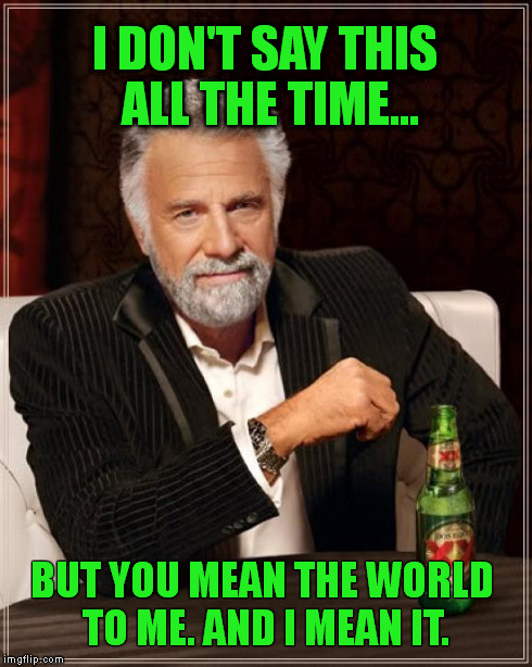 The Most Interesting Man In The World Meme | I DON'T SAY THIS ALL THE TIME... BUT YOU MEAN THE WORLD TO ME. AND I MEAN IT. | image tagged in memes,the most interesting man in the world | made w/ Imgflip meme maker