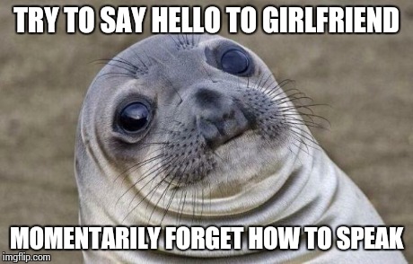 Awkward Moment Sealion | TRY TO SAY HELLO TO GIRLFRIEND MOMENTARILY FORGET HOW TO SPEAK | image tagged in memes,awkward moment sealion | made w/ Imgflip meme maker