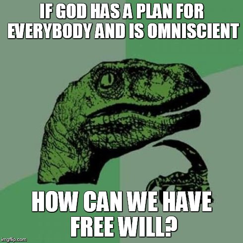 Philosoraptor | IF GOD HAS A PLAN FOR EVERYBODY AND IS OMNISCIENT HOW CAN WE HAVE FREE WILL? | image tagged in memes,philosoraptor | made w/ Imgflip meme maker