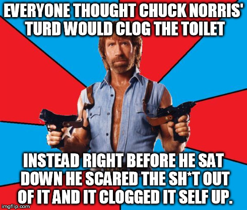 Chuck Norris With Guns Meme | EVERYONE THOUGHT CHUCK NORRIS' TURD WOULD CLOG THE TOILET INSTEAD RIGHT BEFORE HE SAT DOWN HE SCARED THE SH*T OUT OF IT AND IT CLOGGED IT SE | image tagged in chuck norris | made w/ Imgflip meme maker