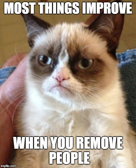 Grumpy Cat Meme | MOST THINGS IMPROVE WHEN YOU REMOVE PEOPLE | image tagged in memes,grumpy cat | made w/ Imgflip meme maker
