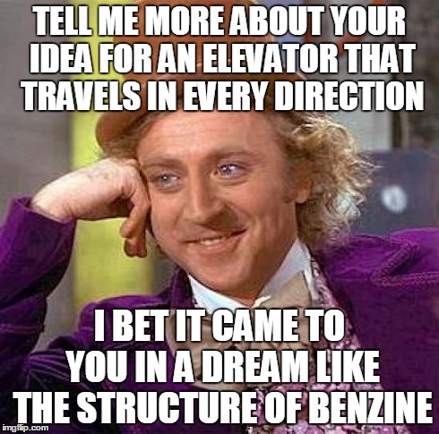 Creepy Condescending Wonka | TELL ME MORE ABOUT YOUR IDEA FOR AN ELEVATOR THAT TRAVELS IN EVERY DIRECTION I BET IT CAME TO YOU IN A DREAM LIKE THE STRUCTURE OF BENZINE | image tagged in memes,creepy condescending wonka | made w/ Imgflip meme maker