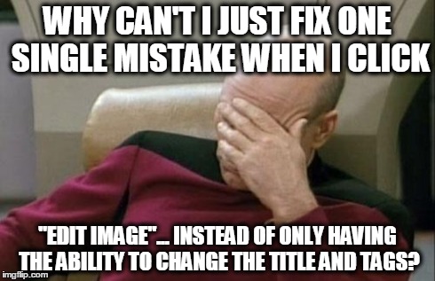 Captain Picard Facepalm Meme | WHY CAN'T I JUST FIX ONE SINGLE MISTAKE WHEN I CLICK "EDIT IMAGE"... INSTEAD OF ONLY HAVING THE ABILITY TO CHANGE THE TITLE AND TAGS? | image tagged in memes,captain picard facepalm | made w/ Imgflip meme maker