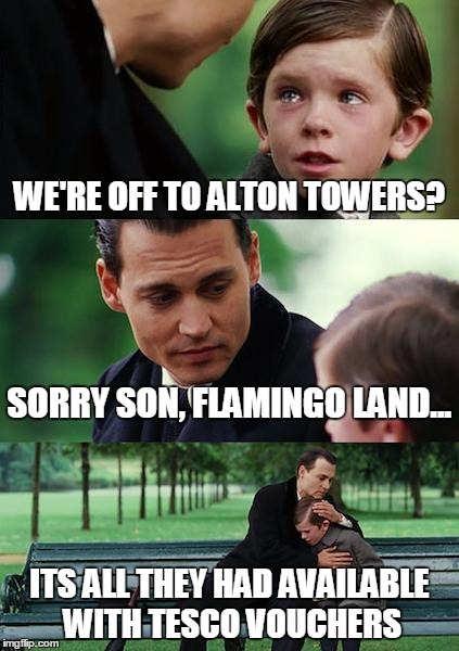 Finding Neverland Meme | WE'RE OFF TO ALTON TOWERS? SORRY SON, FLAMINGO LAND... ITS ALL THEY HAD AVAILABLE WITH TESCO VOUCHERS | image tagged in memes,finding neverland | made w/ Imgflip meme maker