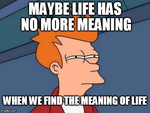 Futurama Fry Meme | MAYBE LIFE HAS NO MORE MEANING WHEN WE FIND THE MEANING OF LIFE | image tagged in memes,futurama fry | made w/ Imgflip meme maker