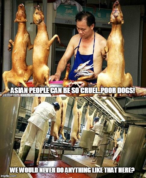 ASIAN PEOPLE CAN BE SO CRUEL..POOR DOGS! WE WOULD NEVER DO ANYTHING LIKE THAT HERE? | image tagged in asian people can be so cruel | made w/ Imgflip meme maker