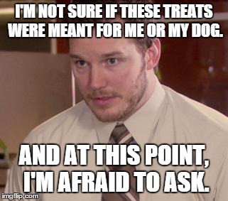 Afraid To Ask Andy Meme | I'M NOT SURE IF THESE TREATS WERE MEANT FOR ME OR MY DOG. AND AT THIS POINT, I'M AFRAID TO ASK. | image tagged in memes,afraid to ask andy | made w/ Imgflip meme maker