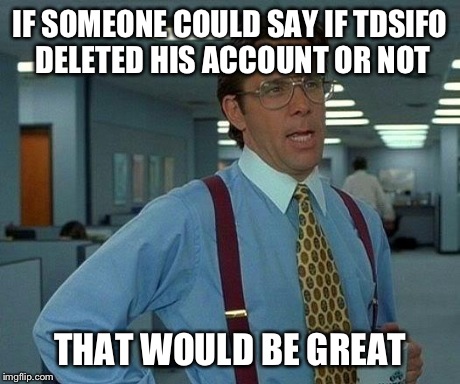 I mean. I pretty sure he's gone, but I would like some confirmation. | IF SOMEONE COULD SAY IF TDSIFO DELETED HIS ACCOUNT OR NOT THAT WOULD BE GREAT | image tagged in memes,that would be great | made w/ Imgflip meme maker