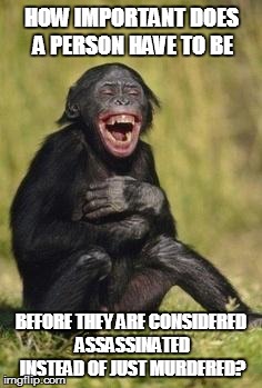 Questioning Authority Monkey | HOW IMPORTANT DOES A PERSON HAVE TO BE BEFORE THEY ARE CONSIDERED ASSASSINATED INSTEAD OF JUST MURDERED? | image tagged in laughing monkey,memes,question,murder,assassinate,questioning authority monkey | made w/ Imgflip meme maker