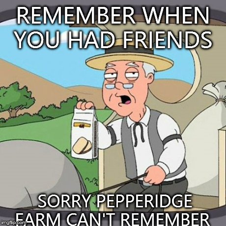 Pepperidge Farm Remembers | REMEMBER WHEN YOU HAD FRIENDS SORRY PEPPERIDGE FARM CAN'T REMEMBER | image tagged in memes,pepperidge farm remembers | made w/ Imgflip meme maker
