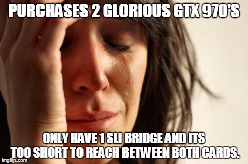 First World Problems Meme | PURCHASES 2 GLORIOUS GTX 970'S ONLY HAVE 1 SLI BRIDGE AND ITS TOO SHORT TO REACH BETWEEN BOTH CARDS. | image tagged in memes,first world problems,pcmasterrace | made w/ Imgflip meme maker