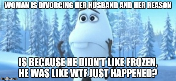 This man's wife and her high standards for frozen!  | WOMAN IS DIVORCING HER HUSBAND AND HER REASON IS BECAUSE HE DIDN'T LIKE FROZEN, HE WAS LIKE WTF JUST HAPPENED? | image tagged in meme,frozen,divorce | made w/ Imgflip meme maker