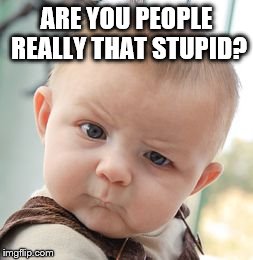 Skeptical Baby Meme | ARE YOU PEOPLE REALLY THAT STUPID? | image tagged in memes,skeptical baby | made w/ Imgflip meme maker
