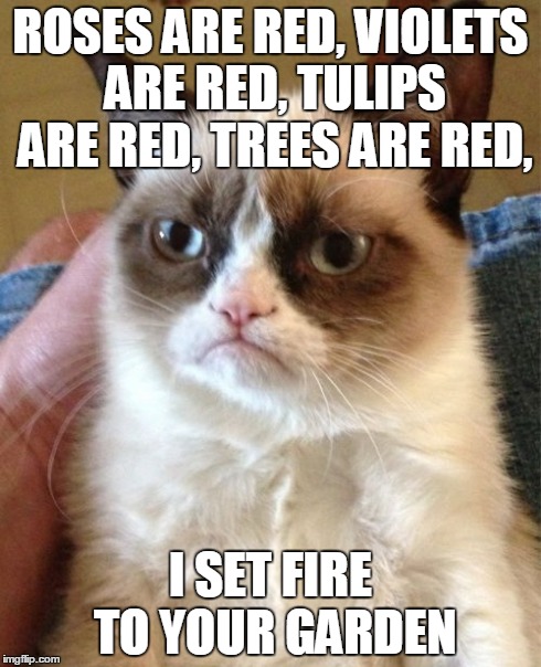Grumpy cat | ROSES ARE RED, VIOLETS ARE RED, TULIPS ARE RED, TREES ARE RED, I SET FIRE TO YOUR GARDEN | image tagged in memes,grumpy cat | made w/ Imgflip meme maker