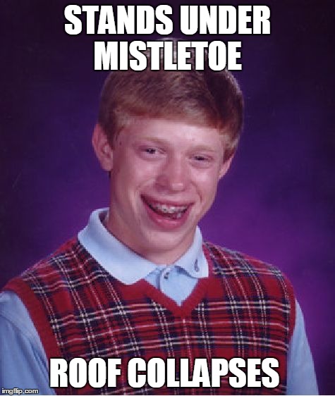 Bad Luck Brian | STANDS UNDER MISTLETOE ROOF COLLAPSES | image tagged in memes,bad luck brian | made w/ Imgflip meme maker