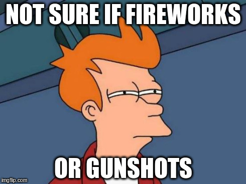 Futurama Fry Meme | NOT SURE IF FIREWORKS OR GUNSHOTS | image tagged in memes,futurama fry,AdviceAnimals | made w/ Imgflip meme maker