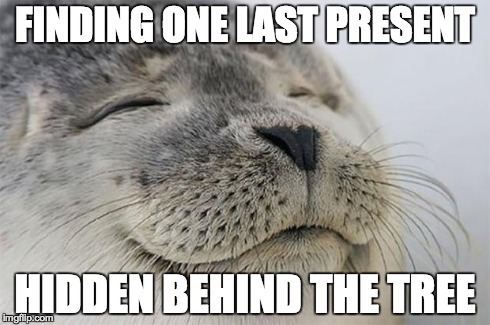 Satisfied Seal Meme | FINDING ONE LAST PRESENT HIDDEN BEHIND THE TREE | image tagged in memes,satisfied seal | made w/ Imgflip meme maker
