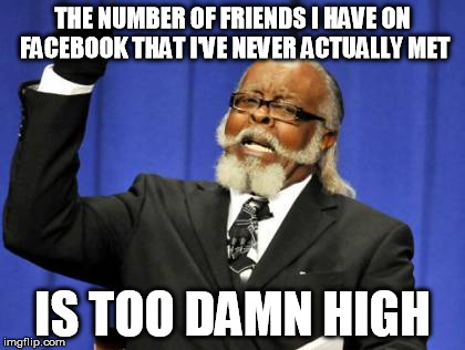 It's time for a FBF culling | THE NUMBER OF FRIENDS I HAVE ON FACEBOOK THAT I'VE NEVER ACTUALLY MET IS TOO DAMN HIGH | image tagged in memes,too damn high | made w/ Imgflip meme maker