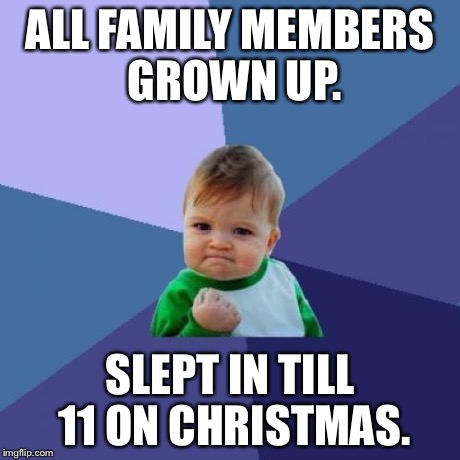 Success Kid Meme | ALL FAMILY MEMBERS GROWN UP. SLEPT IN TILL 11 ON CHRISTMAS. | image tagged in memes,success kid | made w/ Imgflip meme maker