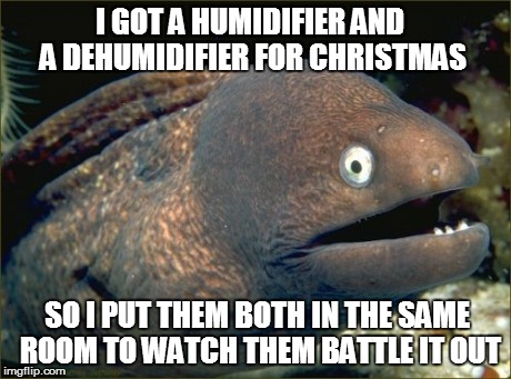 Bad Joke Eel | I GOT A HUMIDIFIER AND A DEHUMIDIFIER FOR CHRISTMAS SO I PUT THEM BOTH IN THE SAME ROOM TO WATCH THEM BATTLE IT OUT | image tagged in memes,bad joke eel | made w/ Imgflip meme maker