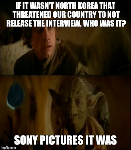 Luke & Yoda talk | IF IT WASN'T NORTH KOREA THAT THREATENED OUR COUNTRY TO NOT RELEASE THE INTERVIEW, WHO WAS IT? SONY PICTURES IT WAS | image tagged in luke  yoda talk | made w/ Imgflip meme maker